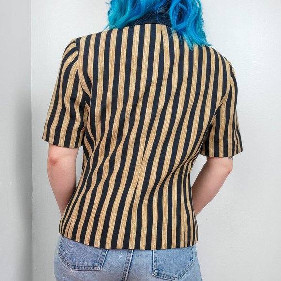 Vintage 90s Navy & "Wood" Striped Short Sleeve Blazer - Picture 3 of 6